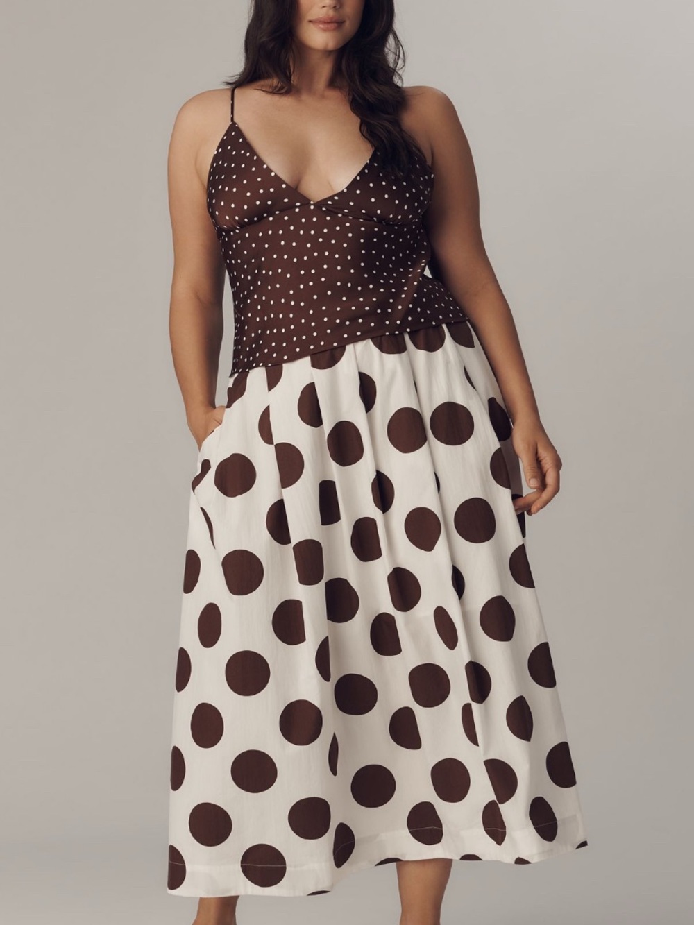 1X ANTHROPOLOGIE Maeve Cream and Brown Polka Dot Maxi Midi skirt